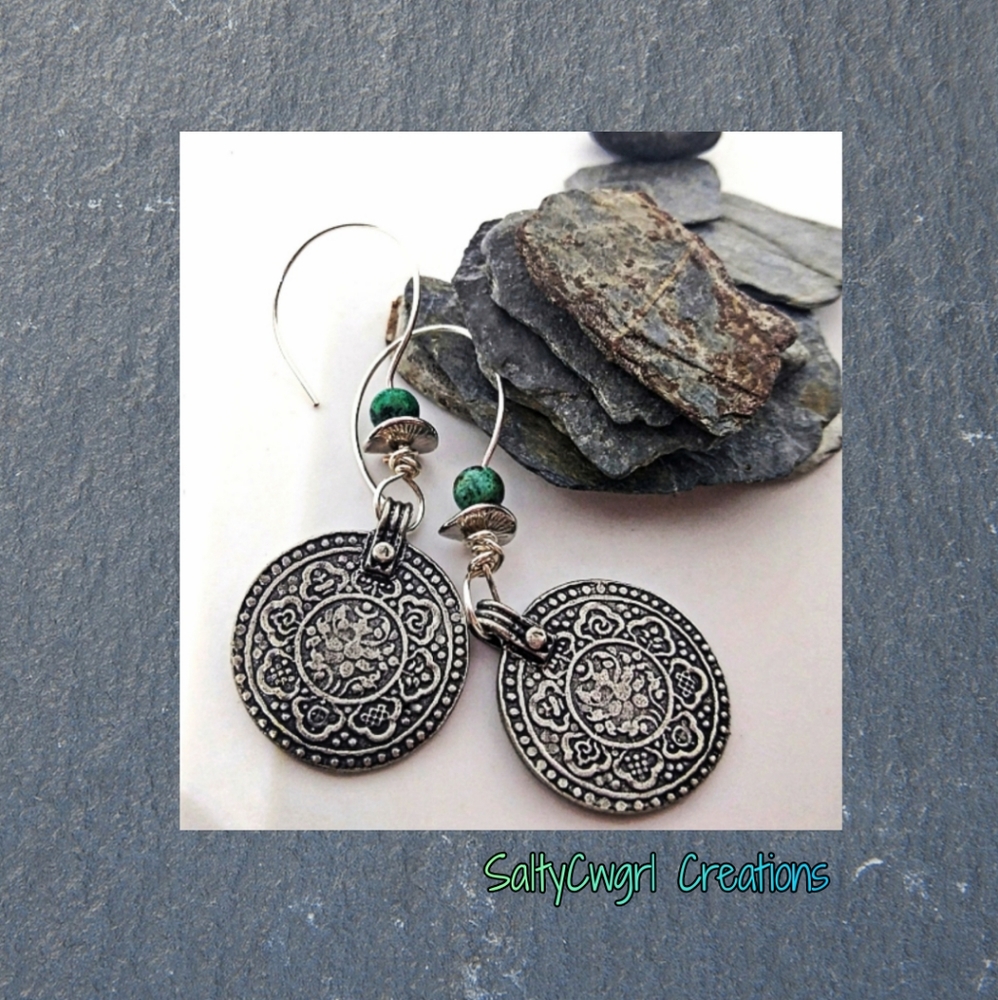 Buddhist 8 Fold Path Pewter & Turquoise Earrings
